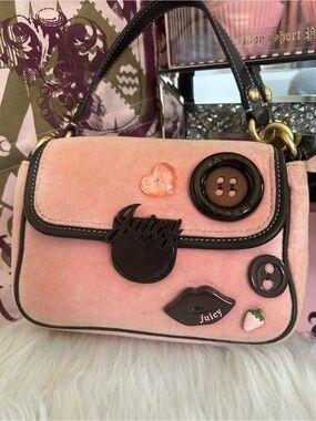 Y2K RARE SAMPLE Vintage Juicy Couture Pink Velour Mini Bag Strawberry Lips Charm